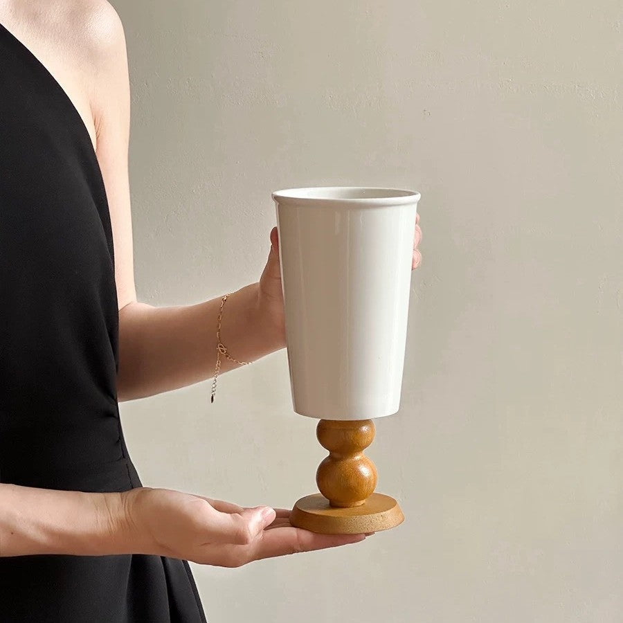 French vintage style wooden stemmed ceramic vase