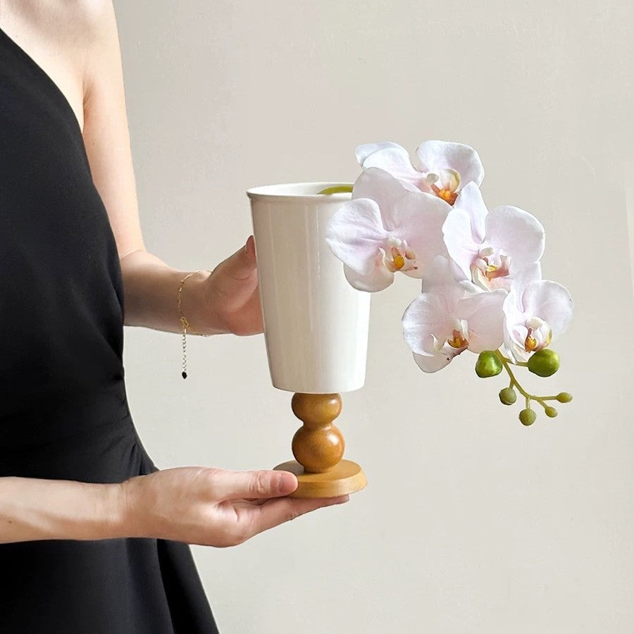 French vintage style wooden stemmed ceramic vase