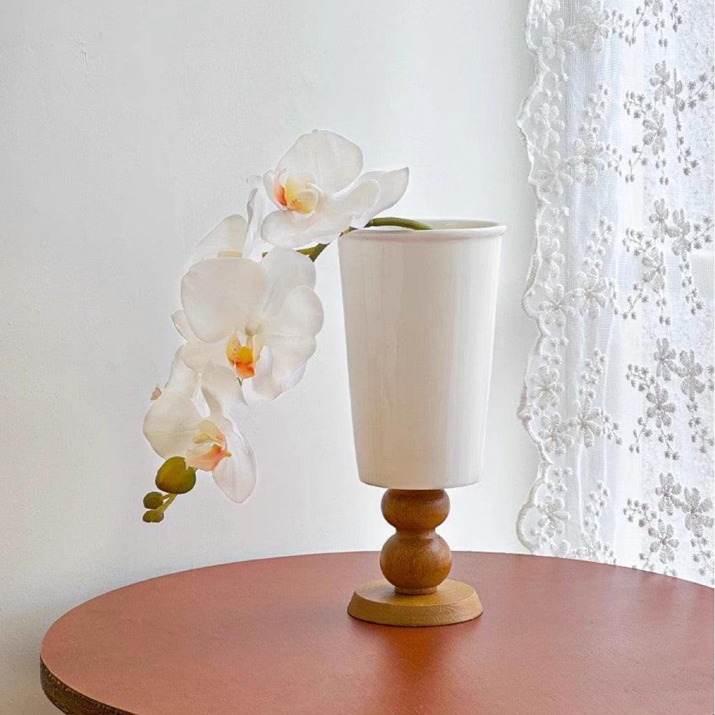 French vintage style wooden stemmed ceramic vase