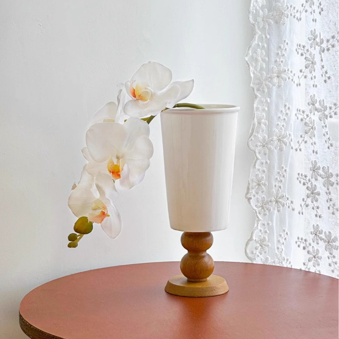 French vintage style wooden stemmed ceramic vase